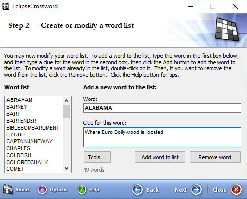 Picture of the word list editor