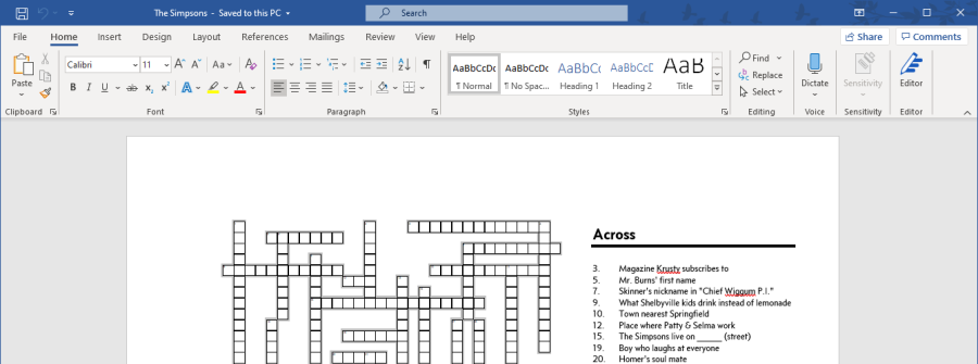 Picture of an EclipseCrossword puzzle in Microsoft Word